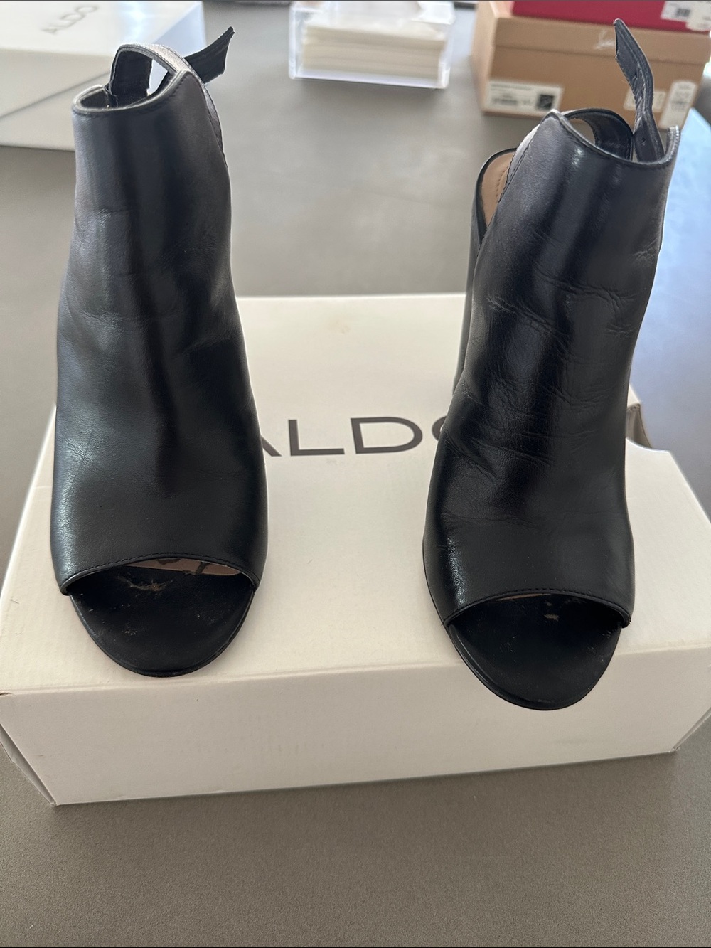 Aldo Black Leather Peep-Toe Mule Booties